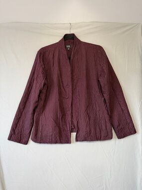 Eileen Fisher Womens Silk Open Front Jacket M Burgundy Crinkle Quiet Luxury